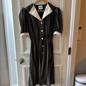 Vintage Black and White Midi Dress with Puff Sleeves